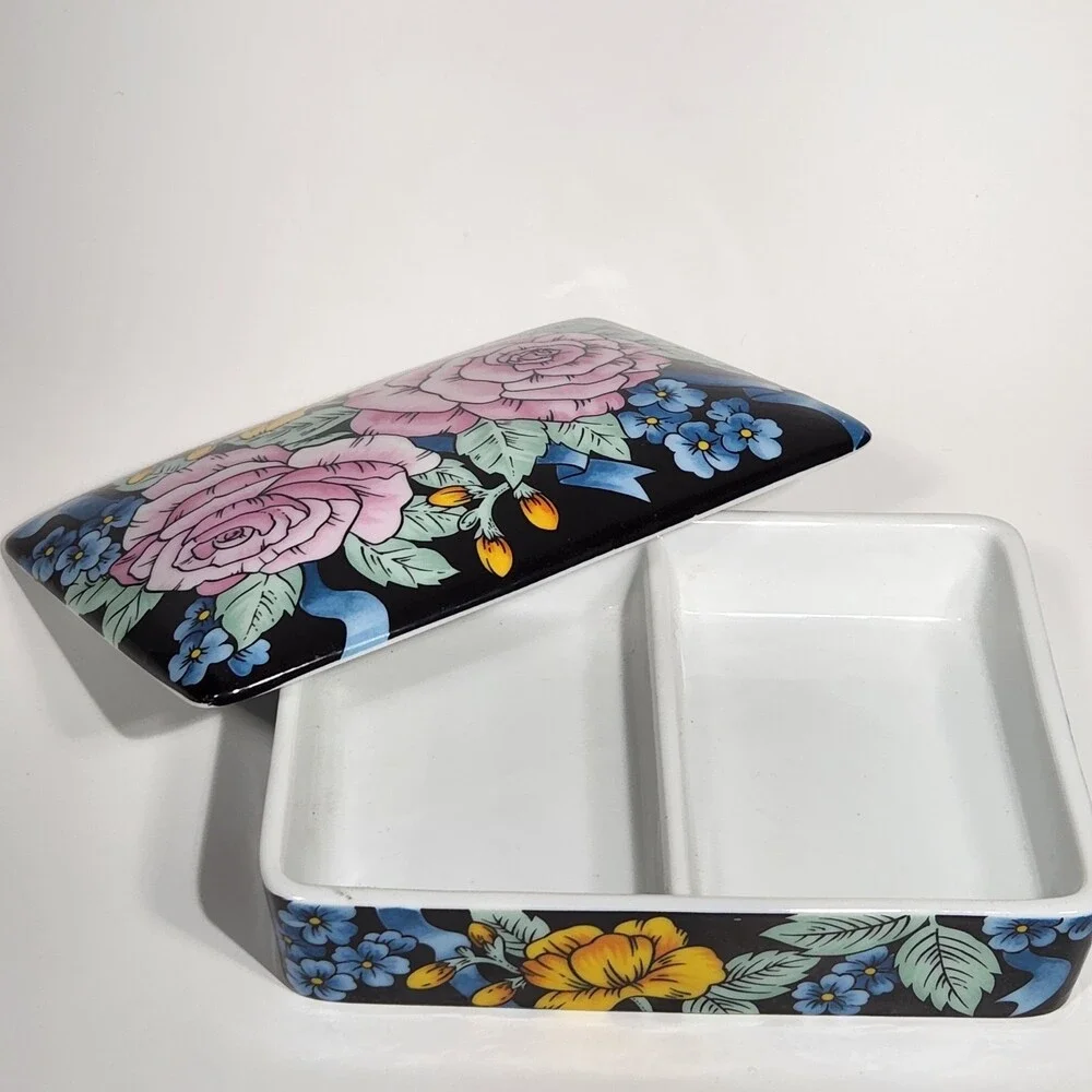 Vintage Japanese Porcelain Trinket Box Bridge Playing Cards Cabbage Roses Floral